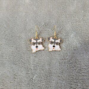 Schnauzer Dog Puppy Earrings One Pair Gold Tone Hanging Dangle Fish Hook E39E